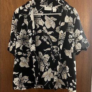 Alfred Dunner Black and Cream Floral Button Down Shirt